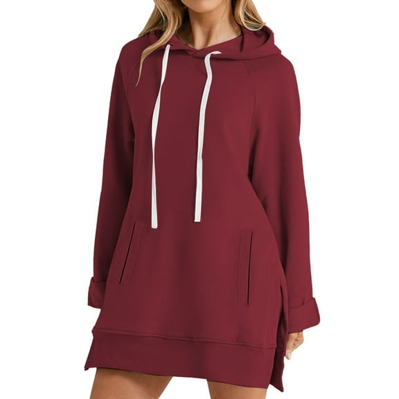 The Solid Warmy Oversized Hoodie Dress, Warmy Long Sleeve Hoodie Women's Casual Pullover Split Hem Drawstring Long Sweatshirt with Pocket