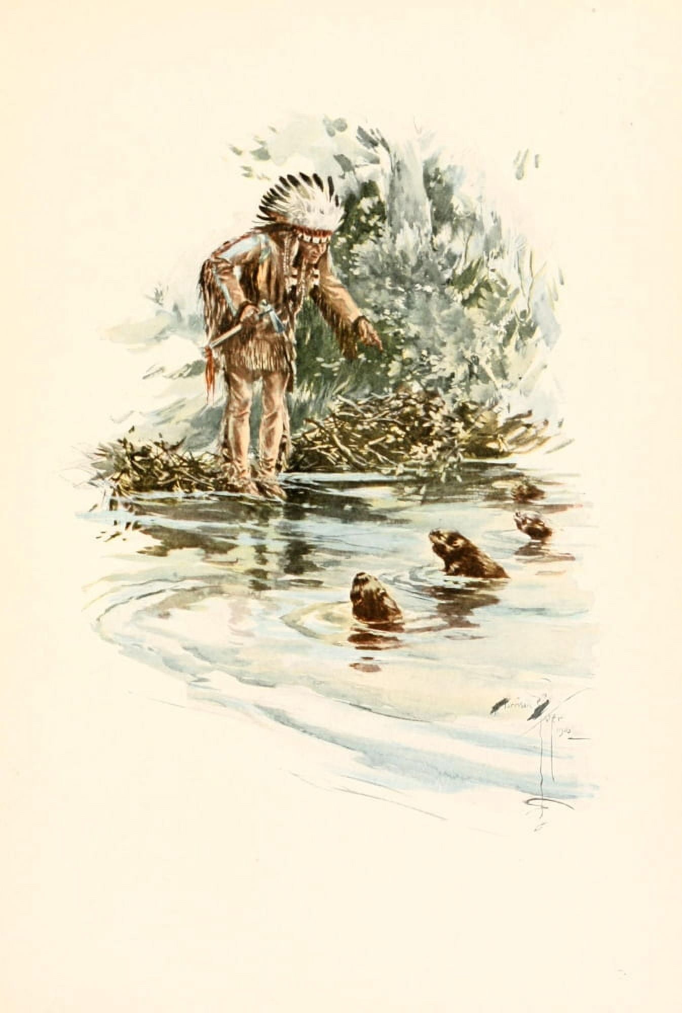 The Song of Hiawatha 1906 Red Indian and otters Canvas Art - Harrison Fisher (18 x 24)