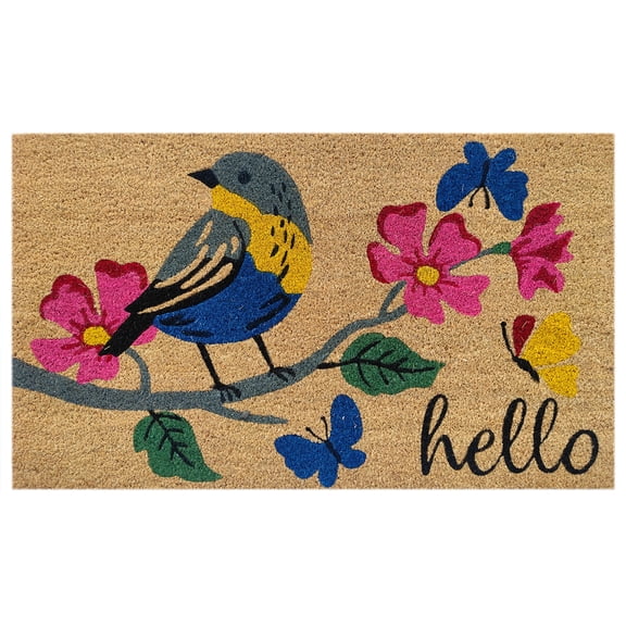 The "Songbird Hello" Coir Doormat Natural Fiber with PVC Backing