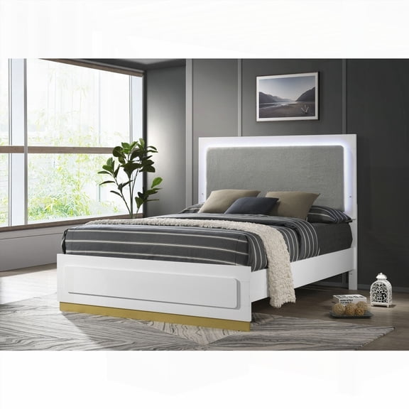 Queen Size Okume Veneer Platform Bed with Integrated LED Lighting and White Finish for Bedroom