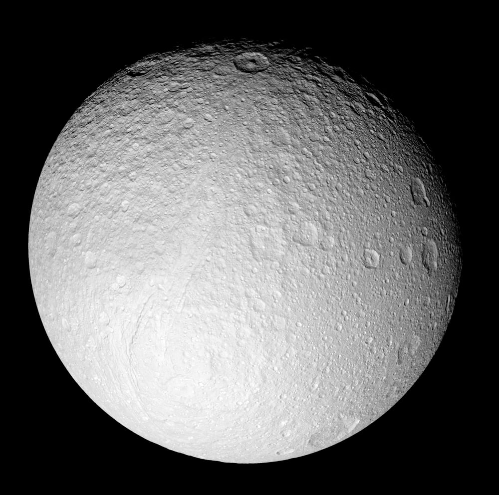 The South Pole of Saturns moon Tethys Canvas Art - Stocktrek Images (28 x 28)