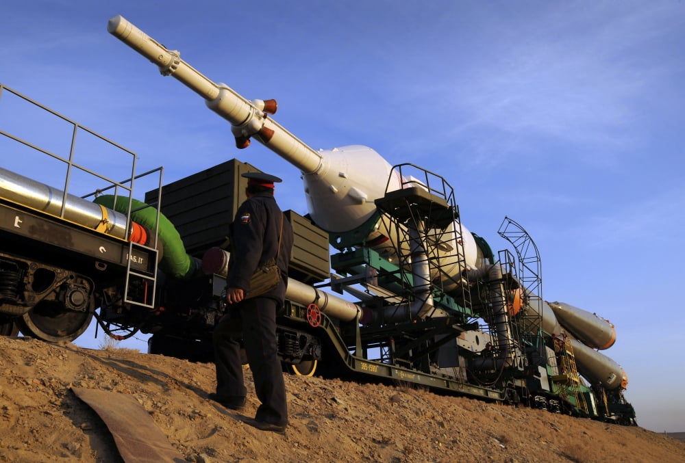 The Soyuz TMA-13 spacecraft is transported by railcar to its launch pad Canvas Art - Stocktrek Images (34 x 23)