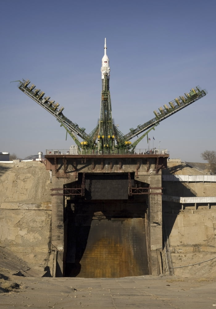 The Soyuz rocket is erected into position at the launch pad at the Baikonur Cosmodrome in Kazakhstan Canvas Art - Stocktrek Images (24 x 34)