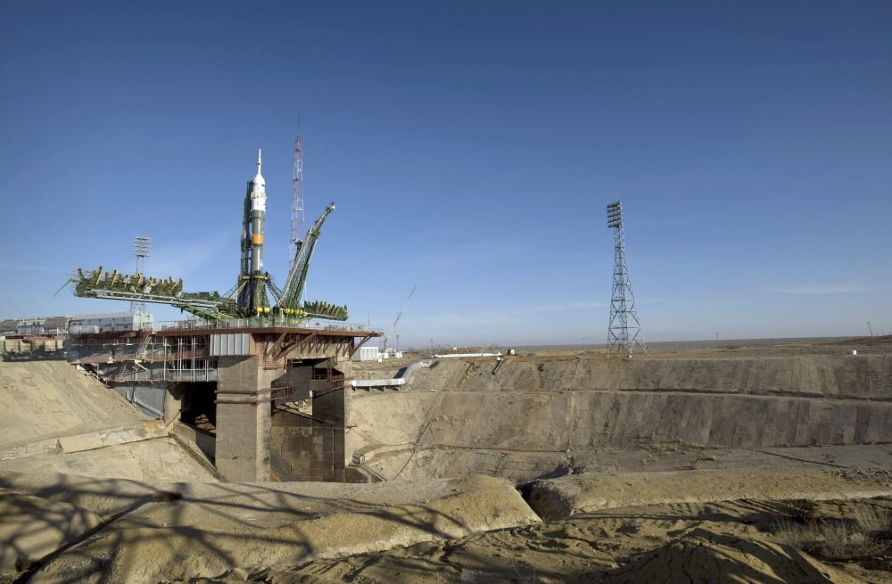 The Soyuz rocket is erected into position at the launch pad at the Baikonur Cosmodrome in Kazakhstan Canvas Art - Stocktrek Images (35 x 23)