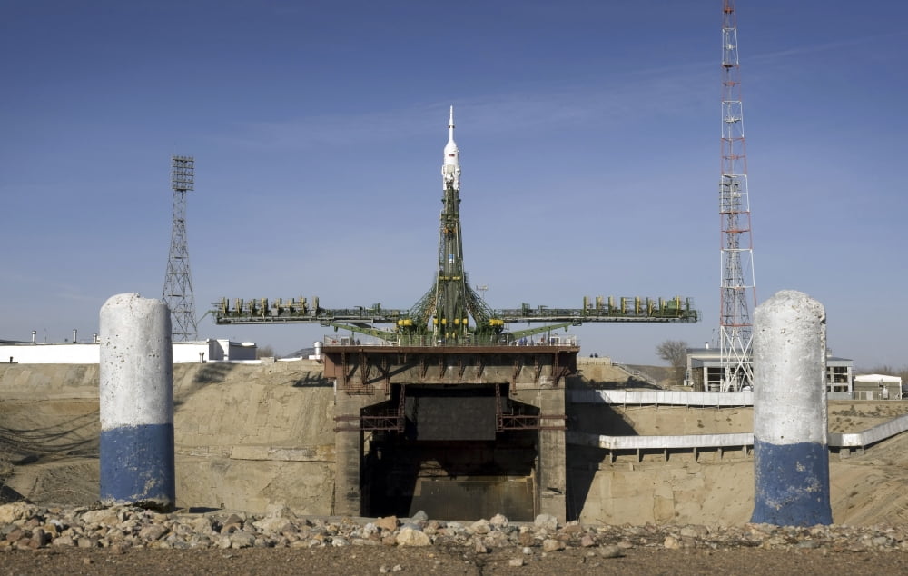 The Soyuz rocket is erected into position at the launch pad at the Baikonur Cosmodrome in Kazakhstan Canvas Art - Stocktrek Images (35 x 23)