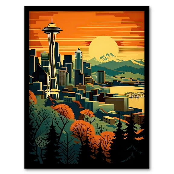 The Space Needle Seattle Landmark Sunset Cityscape Artwork Framed Wall Art Print A4