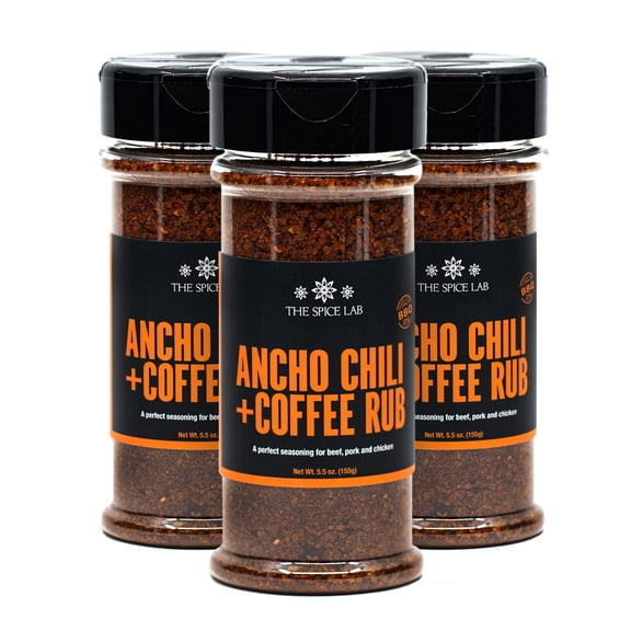 The Spice Lab Ancho Chili & Coffee Rub - Ancho Seasoning Blend - Award Winning Sweet & Heat with a Hint of Coffee - 6.1 oz - 3 Shaker Jars - 7017