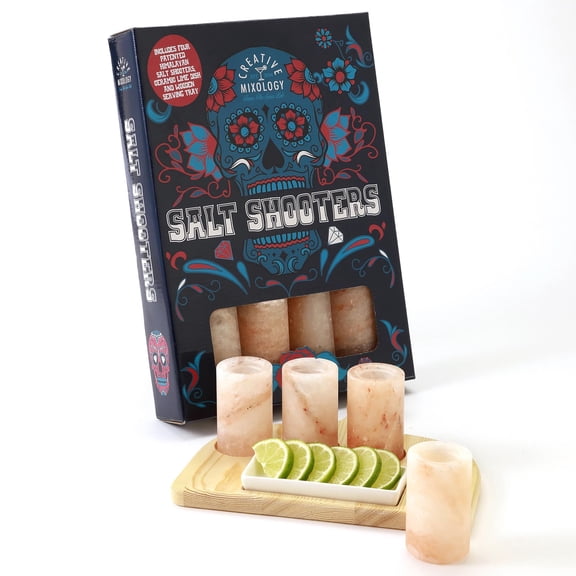The Spice Lab Pink Himalayan Salt Tequila Shot Glasses, 4 Pack with Tray