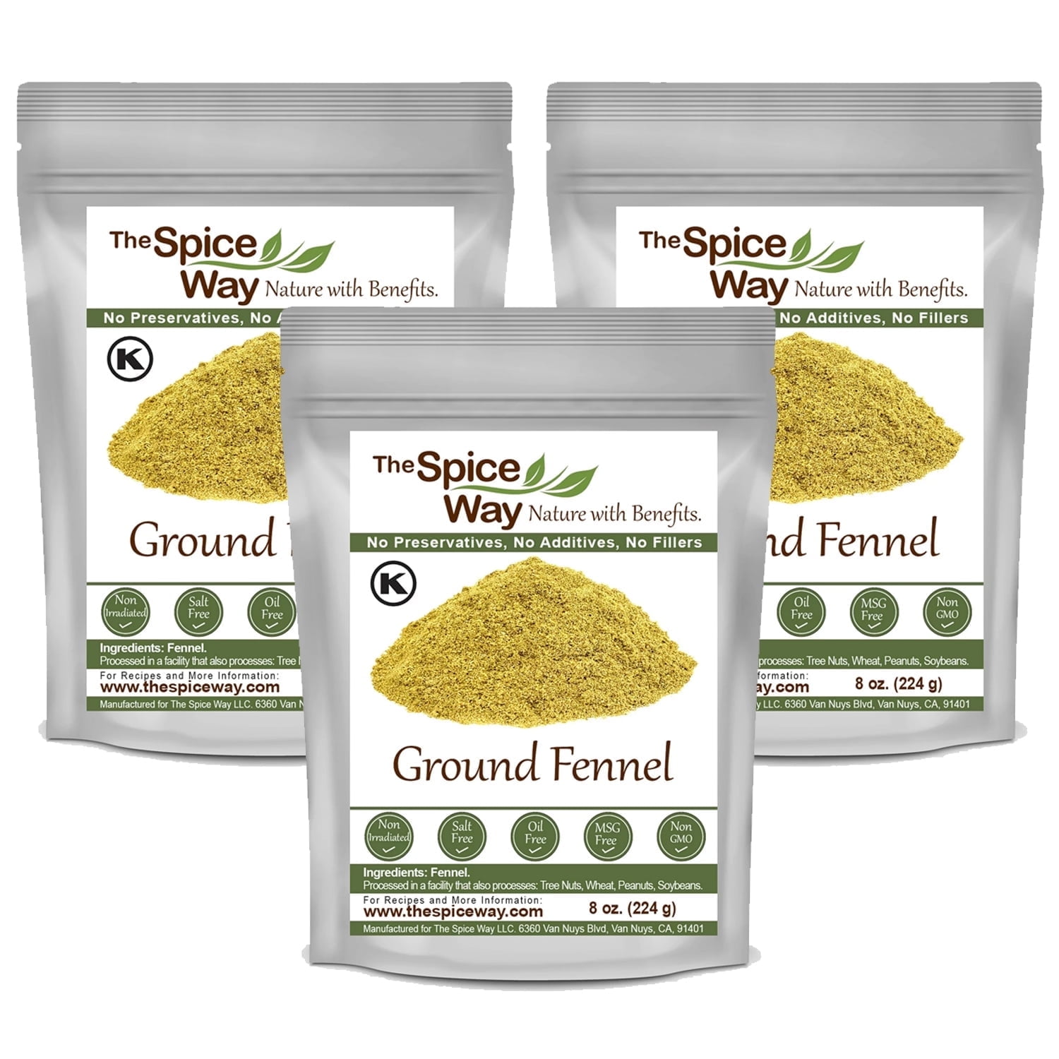 The Spice Way Fennel Seed Ground - 100% All Natural - Resealable Pouch - 8oz - Pack of 3