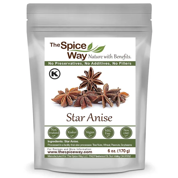 The Spice Way Star Anise Whole Spice 100% Natural - Resealable Pouch 6 oz.