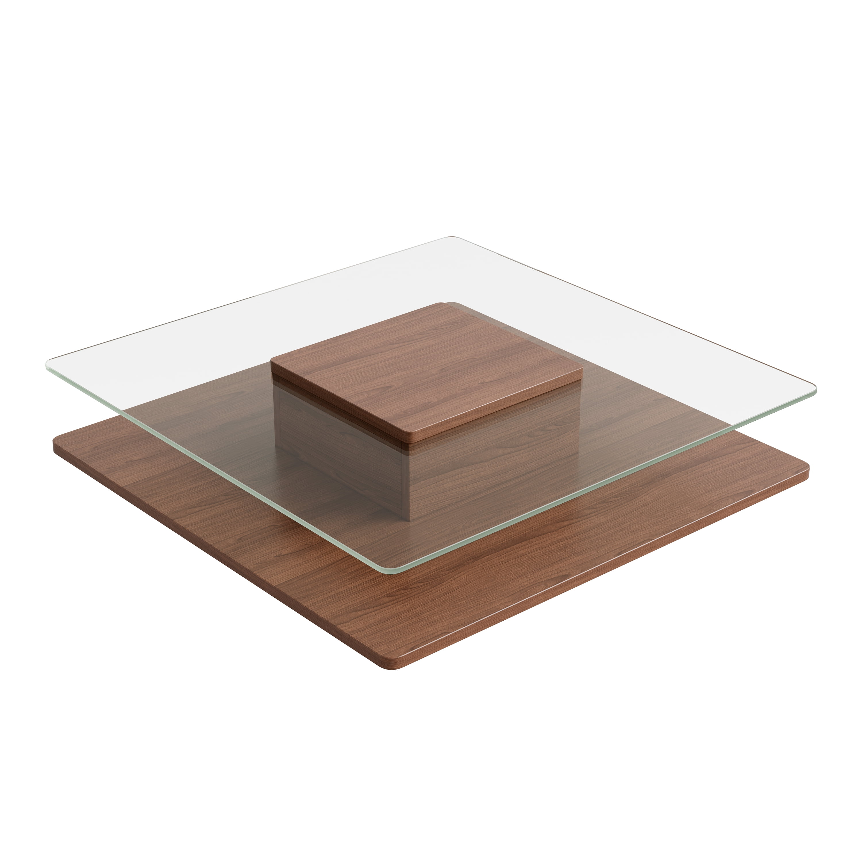 The Square Coffee Table with Clear Tempered Glass Top and Storage Shelf, Walnut Finish, 31.5"