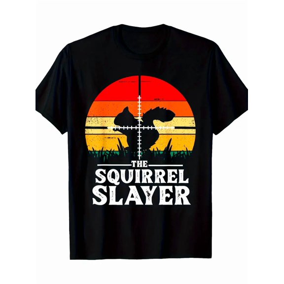 The Squirrel Slayer Retro Sunset Hunting Graphic T-Shirt for Men