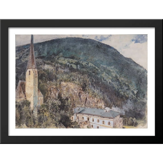The St. Nicholas Church in Gastein 38x28 Large Black Wood Framed Print Art by Rudolf von Alt