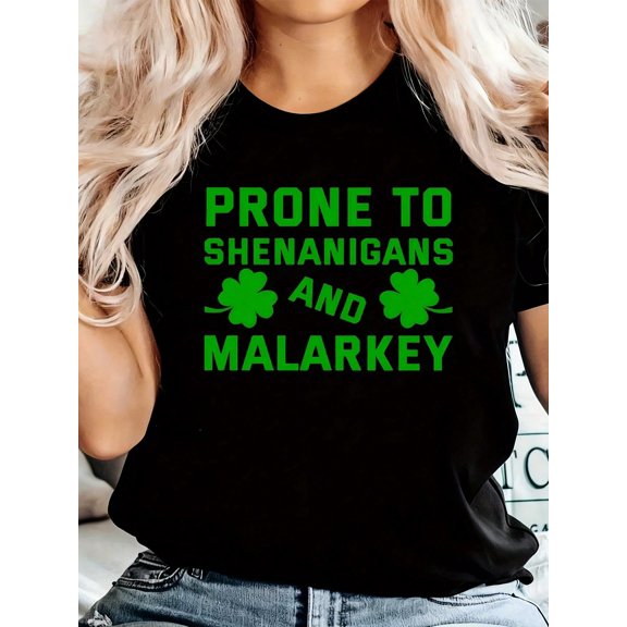 The St. Patrick'S Day Cartoon Green Four Leaf Clovers And Letter Print T-Shirt, Casual Crew Neck ShortTop For Spring & Summer, Women'S Clothing