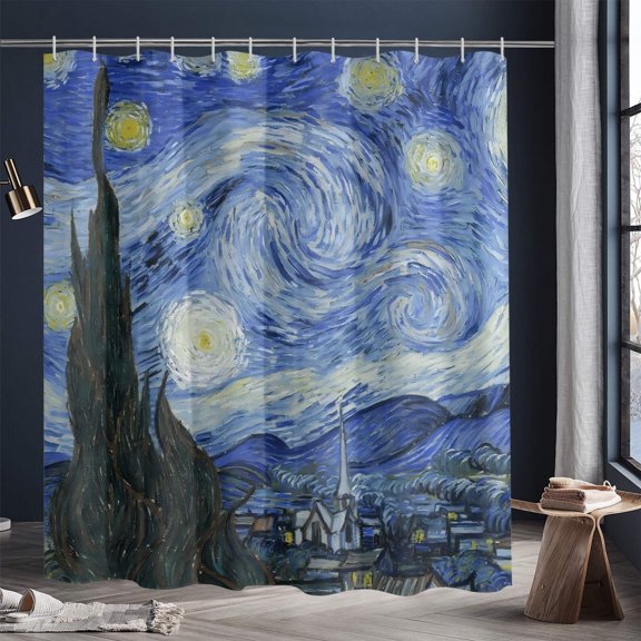 The Starry Night Shower Curtain Van Gogh Stars Art shower curtain Waterproof Modern Fabric Bathroom Shower Curtains with 12 Hooks