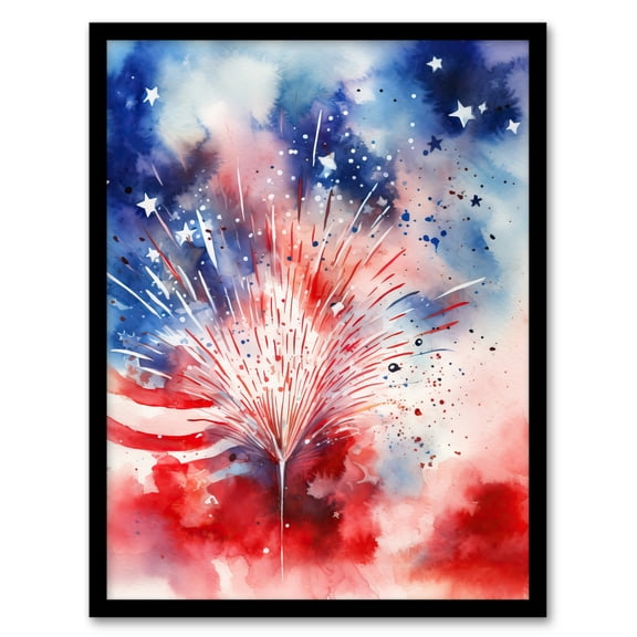 The Stars And Stripes Salute Abstract Watercolour 4th July Independence Day USA Fireworks Artwork Framed Wall Art Print A4