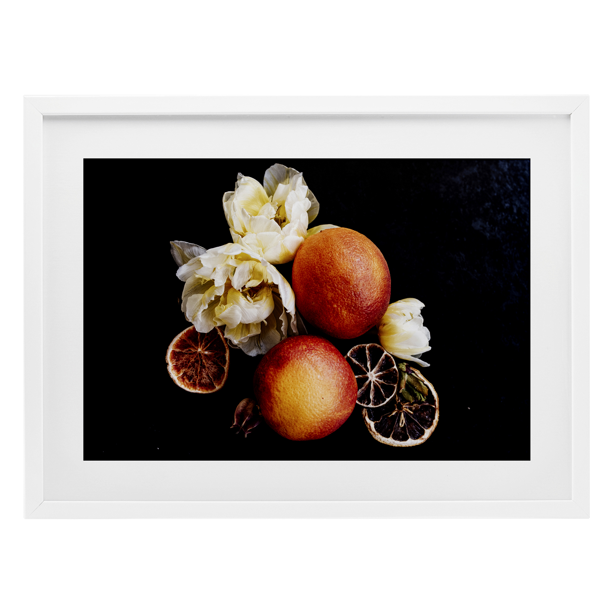 The Still Spring Fruit White Framed Print Under Glass, design by Amy Carroll