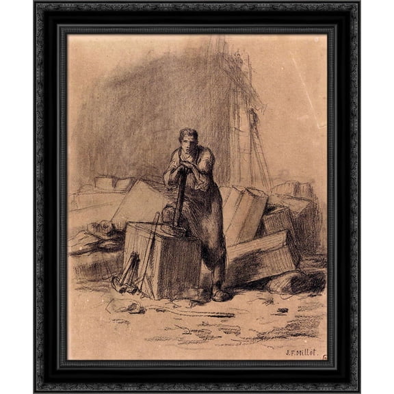 The Stone Cutter 20x23 Black Ornate Wood Framed Canvas Art by Millet, Jean Francois