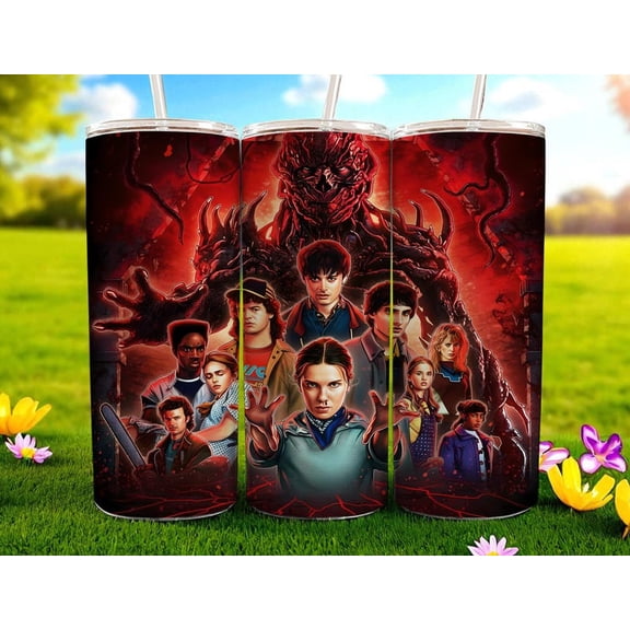 The Stranger Vibes Skinny 20oz insulated mug features a mysterious and thrilling design.