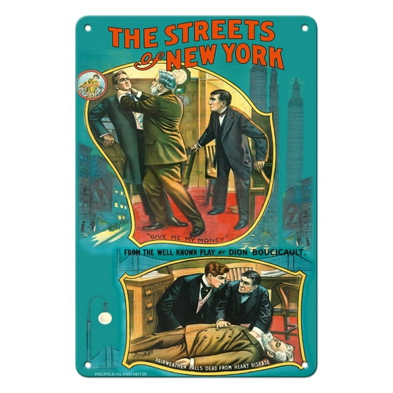The Streets of New York - from the well known play by Dion Bocicalt - Vintage Film Movie Poster c.1913 - 8 x 12 inch Vintage Metal Tin Sign