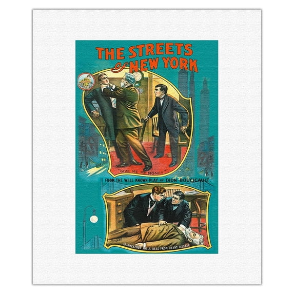 The Streets of New York - from the well known play by Dion Bocicalt - Vintage Film Movie Poster c.1913 - Fine Art Rolled Canvas Print 11in x 14in