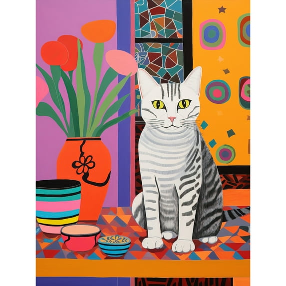 The Stripey Cat Sits Artwork Potted Flower Plant Henri Matisse Style Painting Home Bold Bright Vibrant Folk Art Extra Large XL Wall Art Poster Print