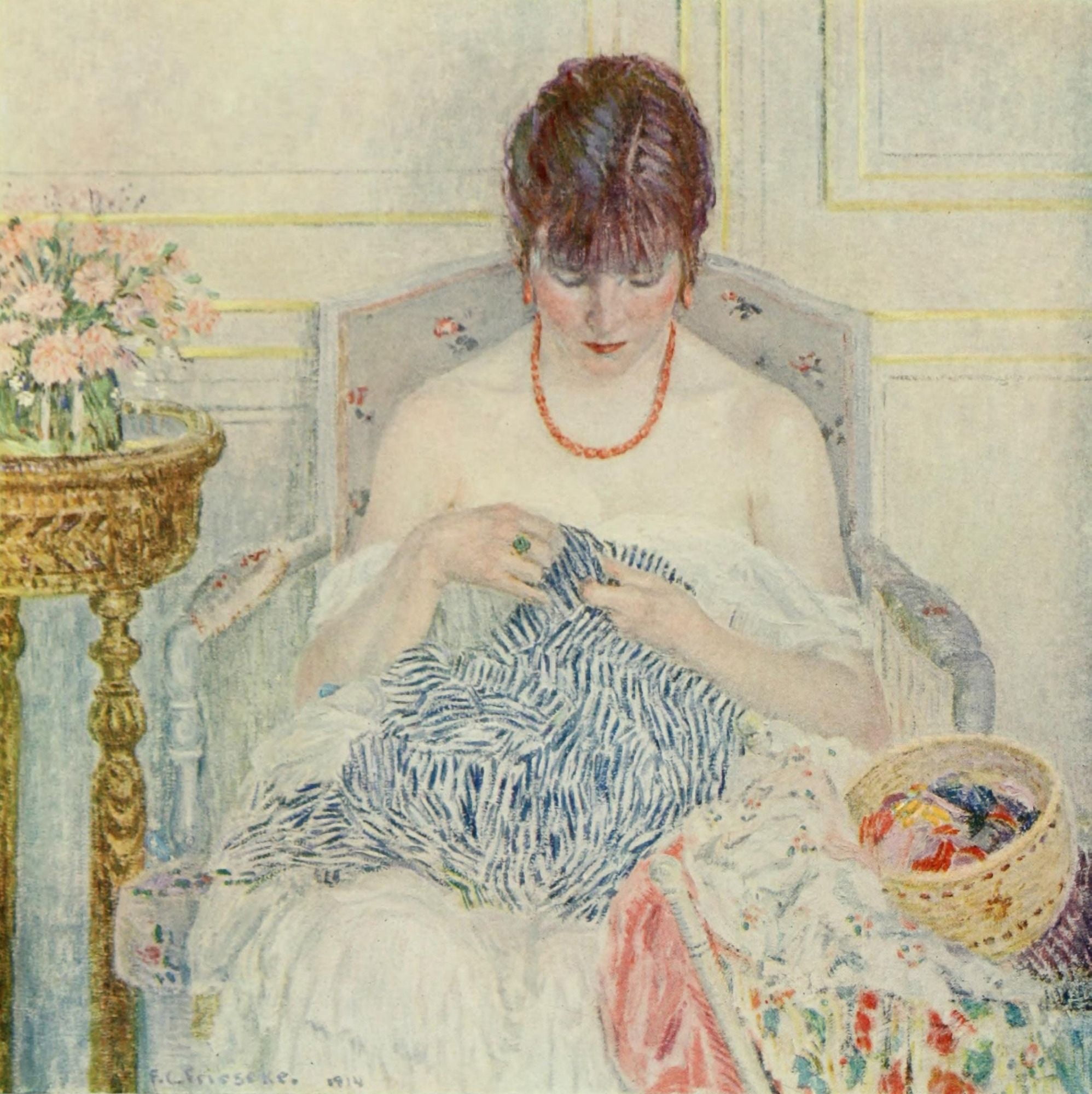 The Studio 1914 A Girl Sewing Canvas Art - Frederick Carl Frieseke (18 x 24)