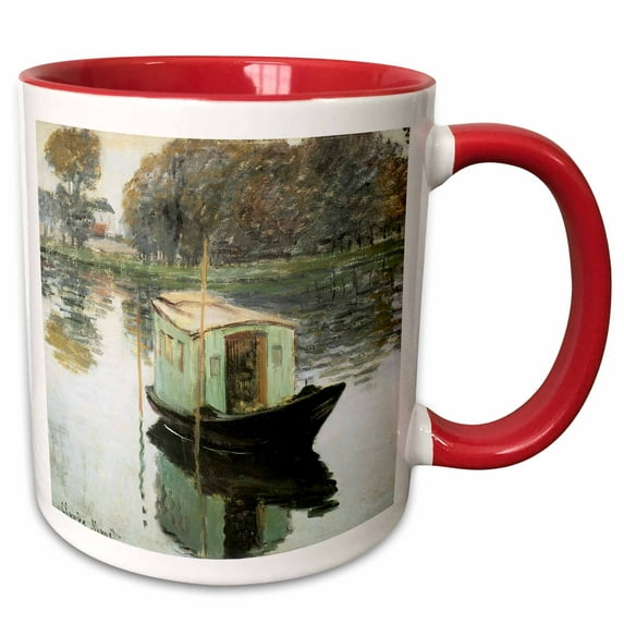 3drose, the Studio Boat by Claude Monet, 1874, 11oz Two-tone Red Mug
