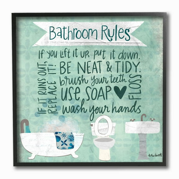 The Stupell Home Decor Aqua Blue Bathroom Rules Collage Look Typography