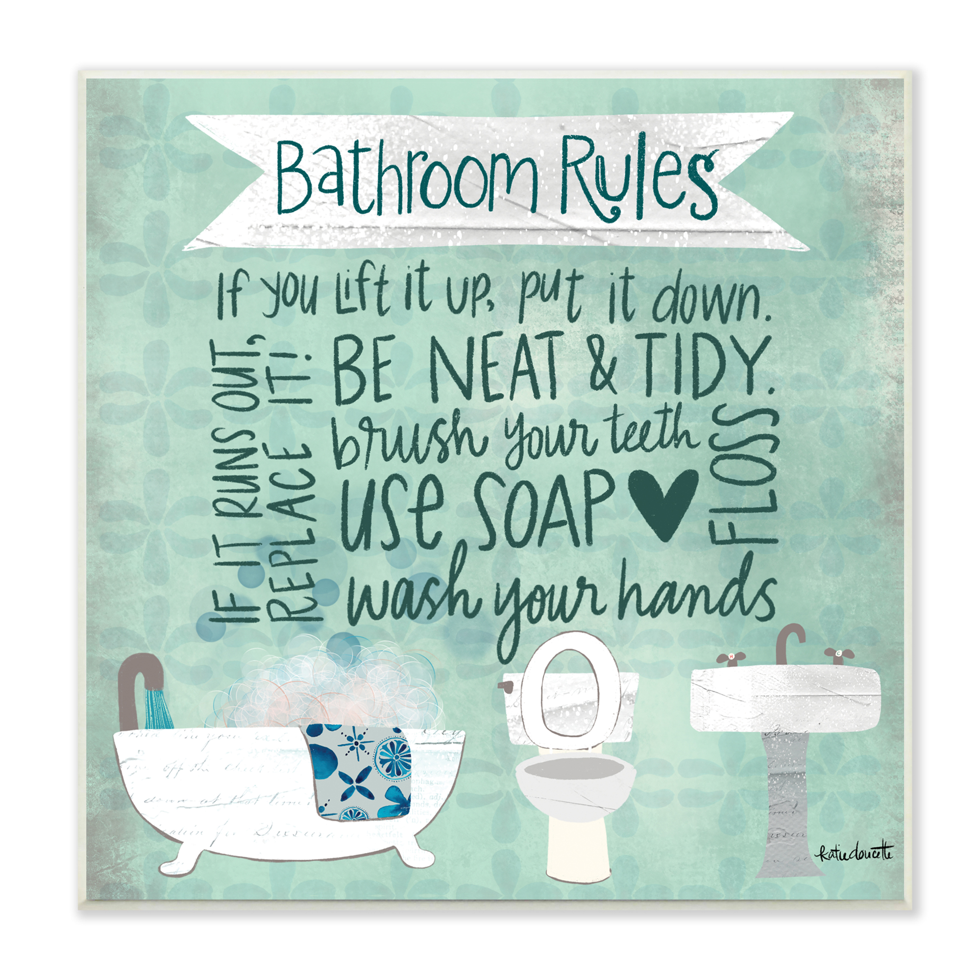 The Stupell Home Decor Aqua Blue Bathroom Rules Collage Look Typography