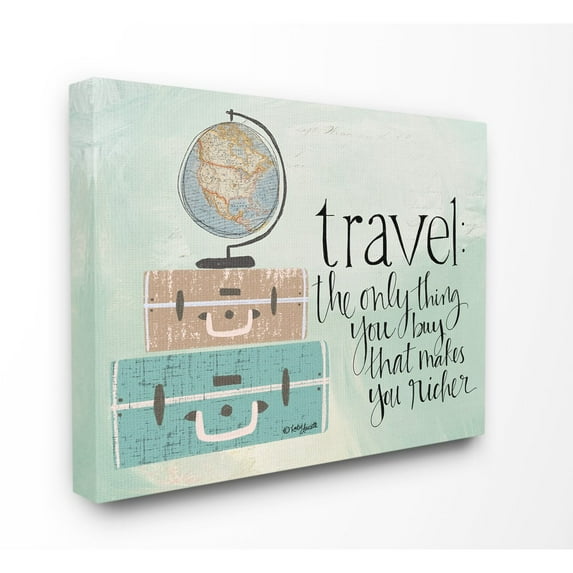 The Stupell Home Decor Aqua Blue Travel Makes You Richer Suitcases and Globe Drawing