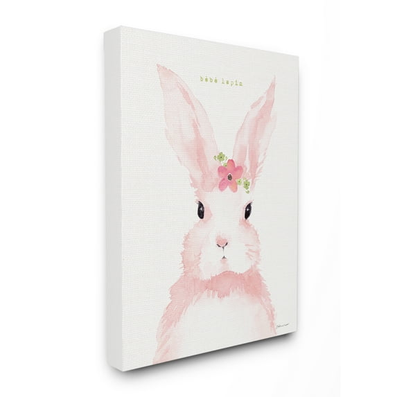The Stupell Home Decor Baby Lapin French Pink Watercolor Bunny with Flower Canvas Wall Art