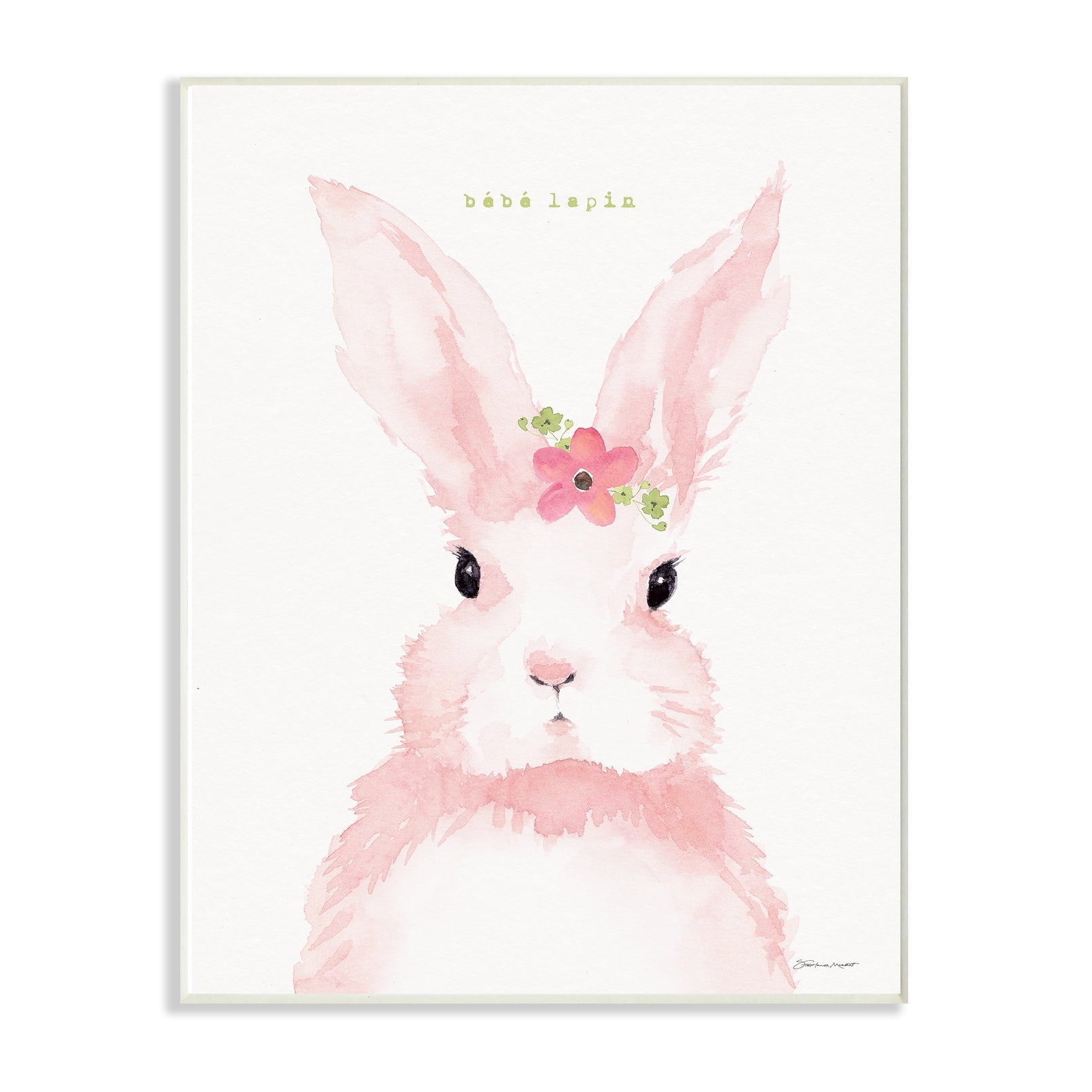 The Stupell Home Decor Baby Lapin French Pink Watercolor Bunny with Flower Wall Plaque Art
