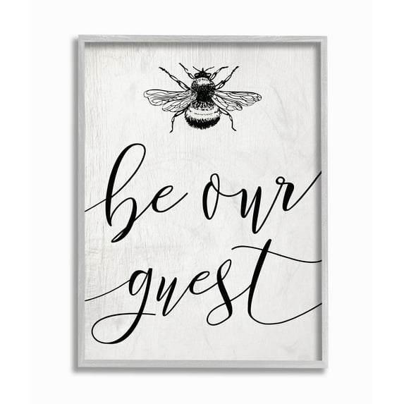 The Stupell Home Decor Be Our Guest Bumble Bee Script Typography Gray Framed Texturized Art