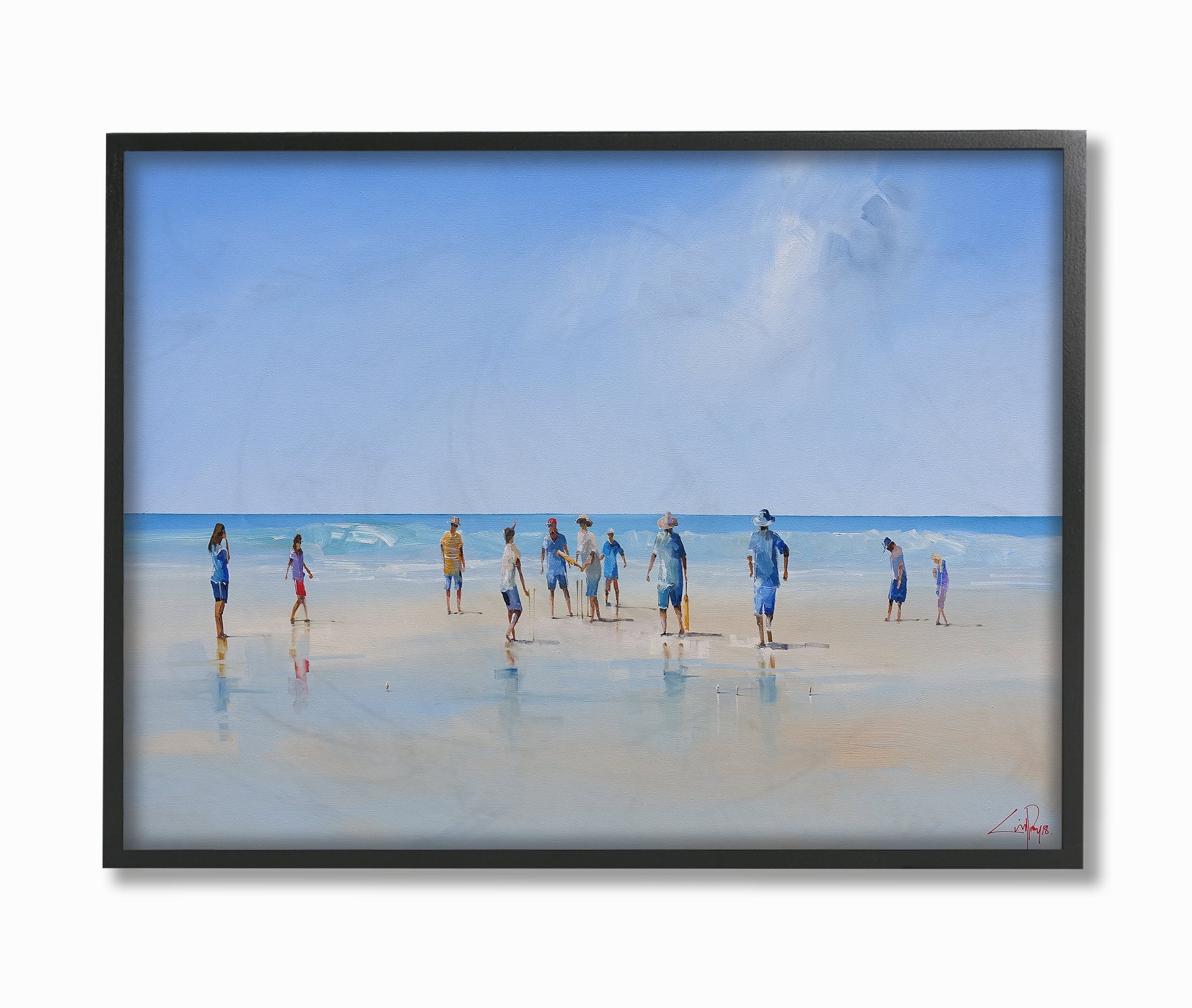 The Stupell Home Decor Beach Goers By the Ocean Bright Blue and Grey Painting Framed Texturized Art