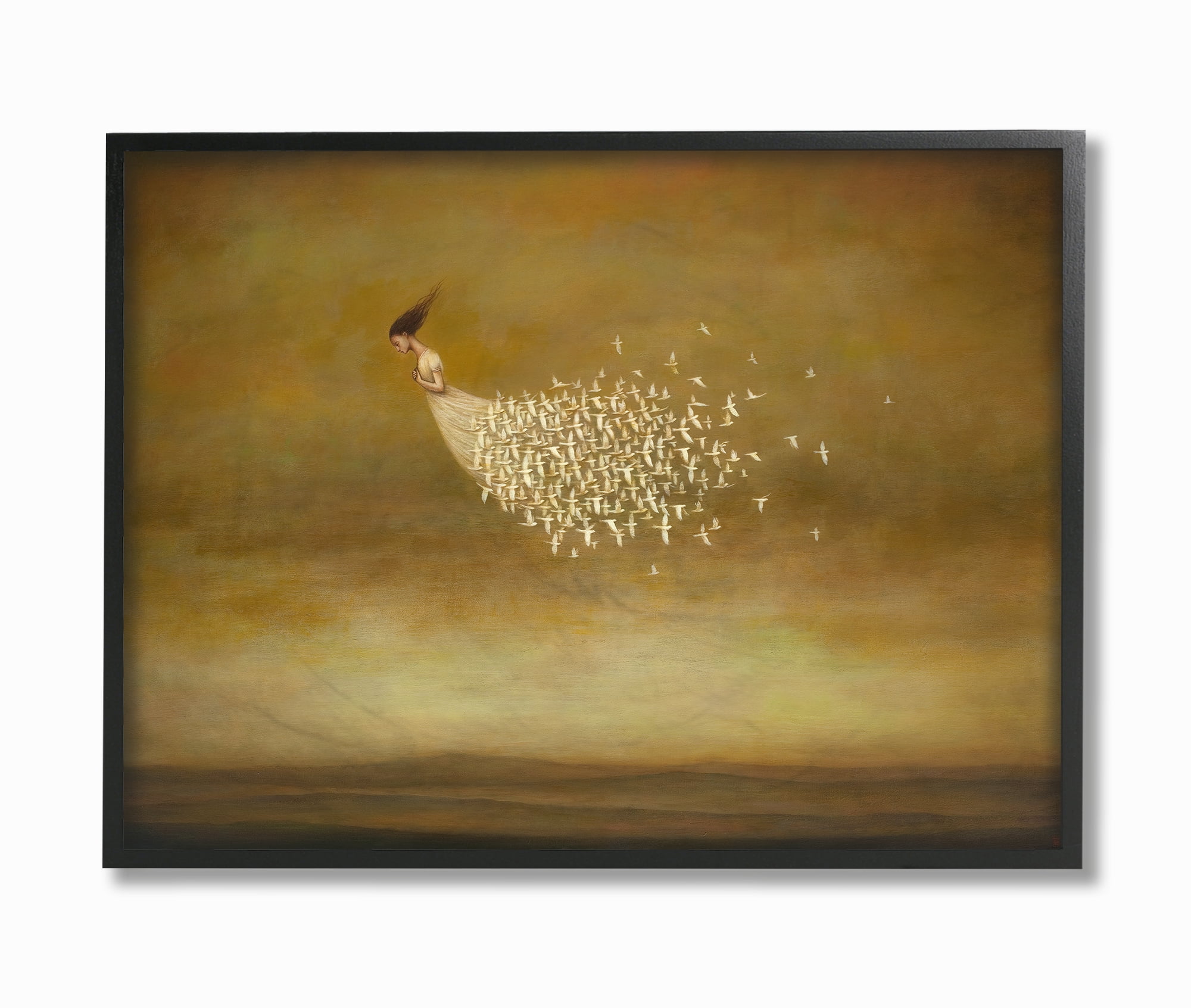The Stupell Home Decor Beauty and Birds Woman with White Dress of Birds Flying Framed Texturized Art