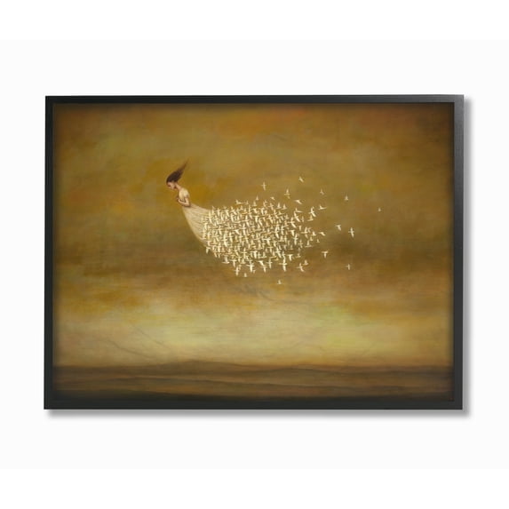 The Stupell Home Decor Beauty and Birds Woman with White Dress of Birds Flying Framed Texturized Art