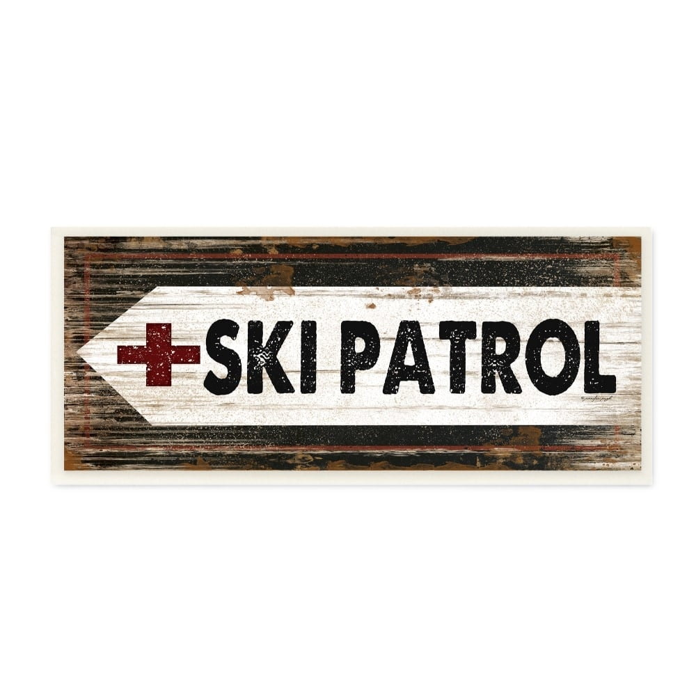 The Stupell Home Decor Black White and Red Ski Patrol Rustic Wood Look Sign