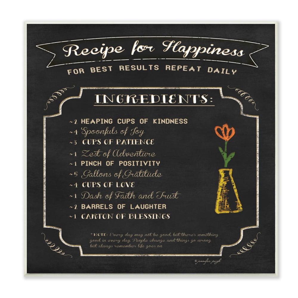 The Stupell Home Decor Black and White Chalkboard Look Recipe for Happiness List Flower Doodle