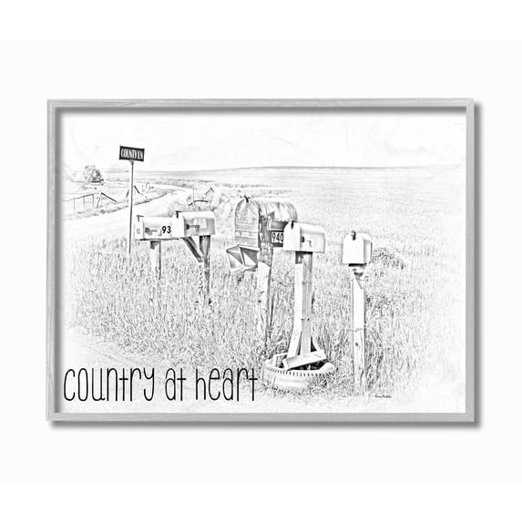 The Stupell Home Decor Black and White Country At Heart Mailboxes On The Road Graphite Drawing