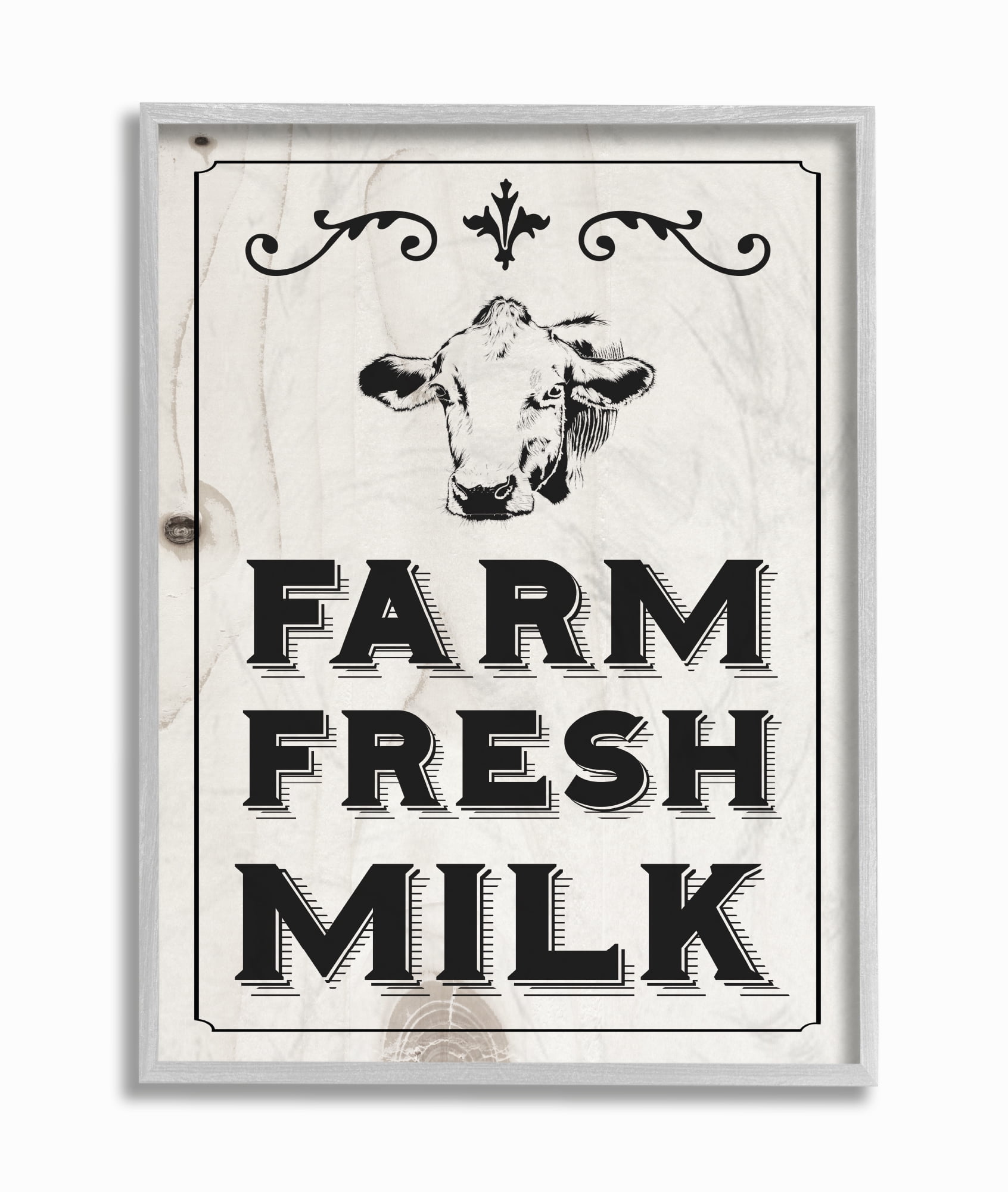 The Stupell Home Decor Black and White Farm Fresh Country Milk Cow Gray Framed Texturized Art
