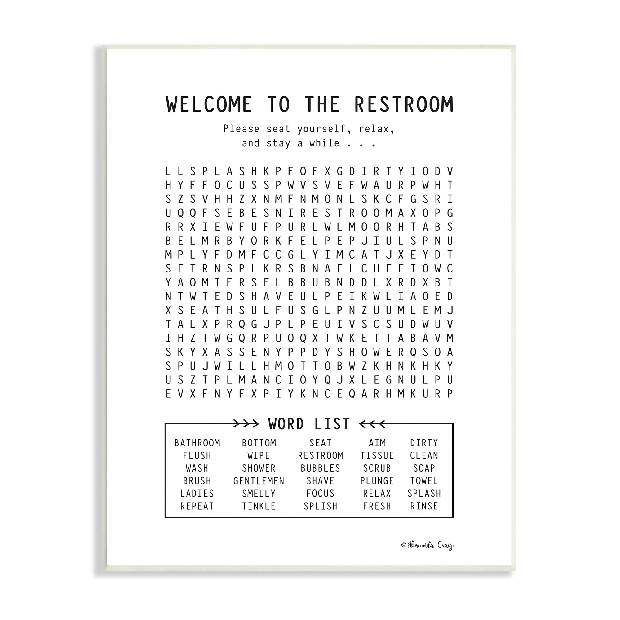 The Stupell Home Decor Black and White Restroom Crossword Puzzle Sign