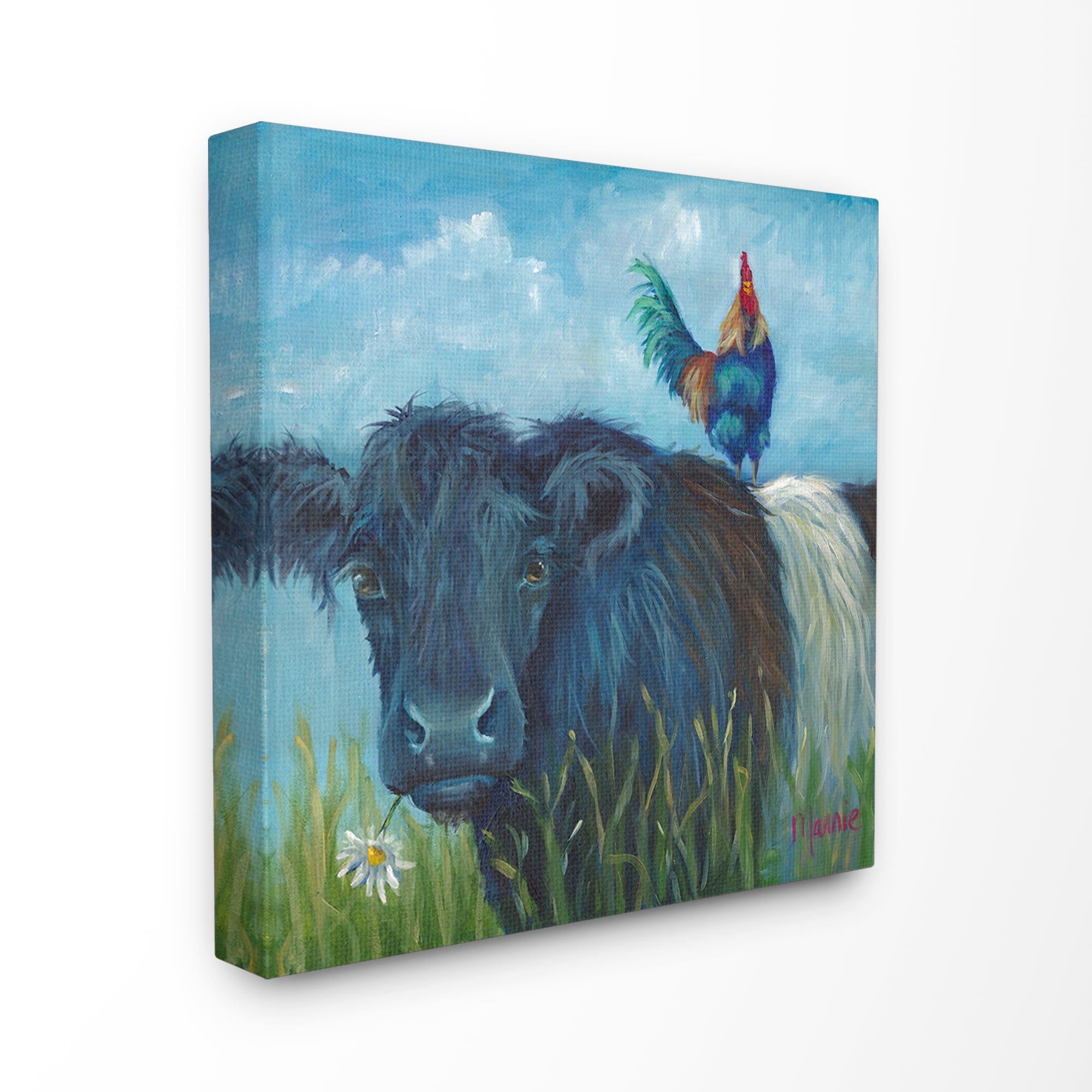 The Stupell Home Decor Blue Tinted Cow and Rooster Pasture Painting Canvas Wall Art