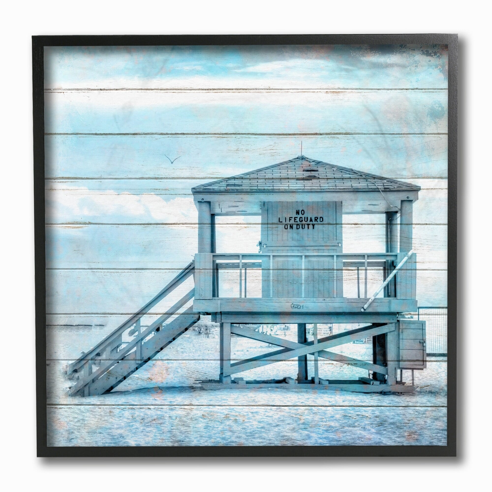 The Stupell Home Decor Blue Tinted Shack on the Beach Planked Look Framed Art, 12 x 12, Design By Artist Kimberly Allen