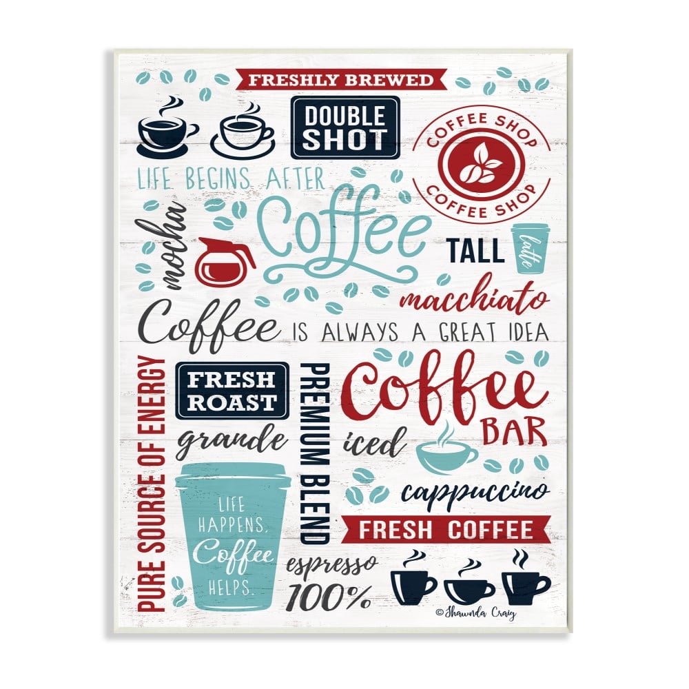 The Stupell Home Decor Blue and Red Coffee Collage Words with Cups and Beans