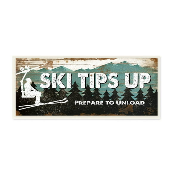 The Stupell Home Decor Blue and White Ski Tips Up Prepare to Unload Rustic Wood Look Lift Sign