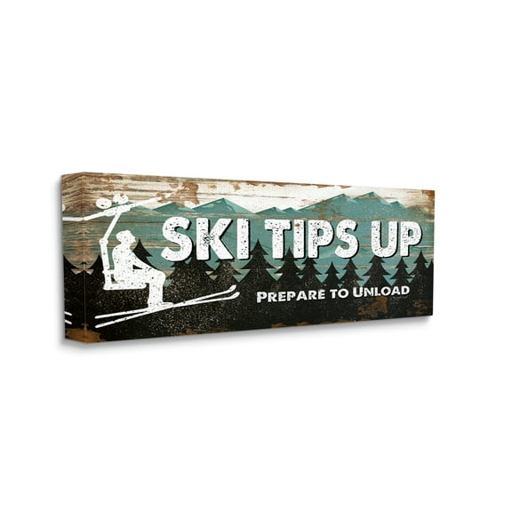 The Stupell Home Decor Blue and White Ski Tips Up Prepare to Unload Rustic Wood Look Lift Sign