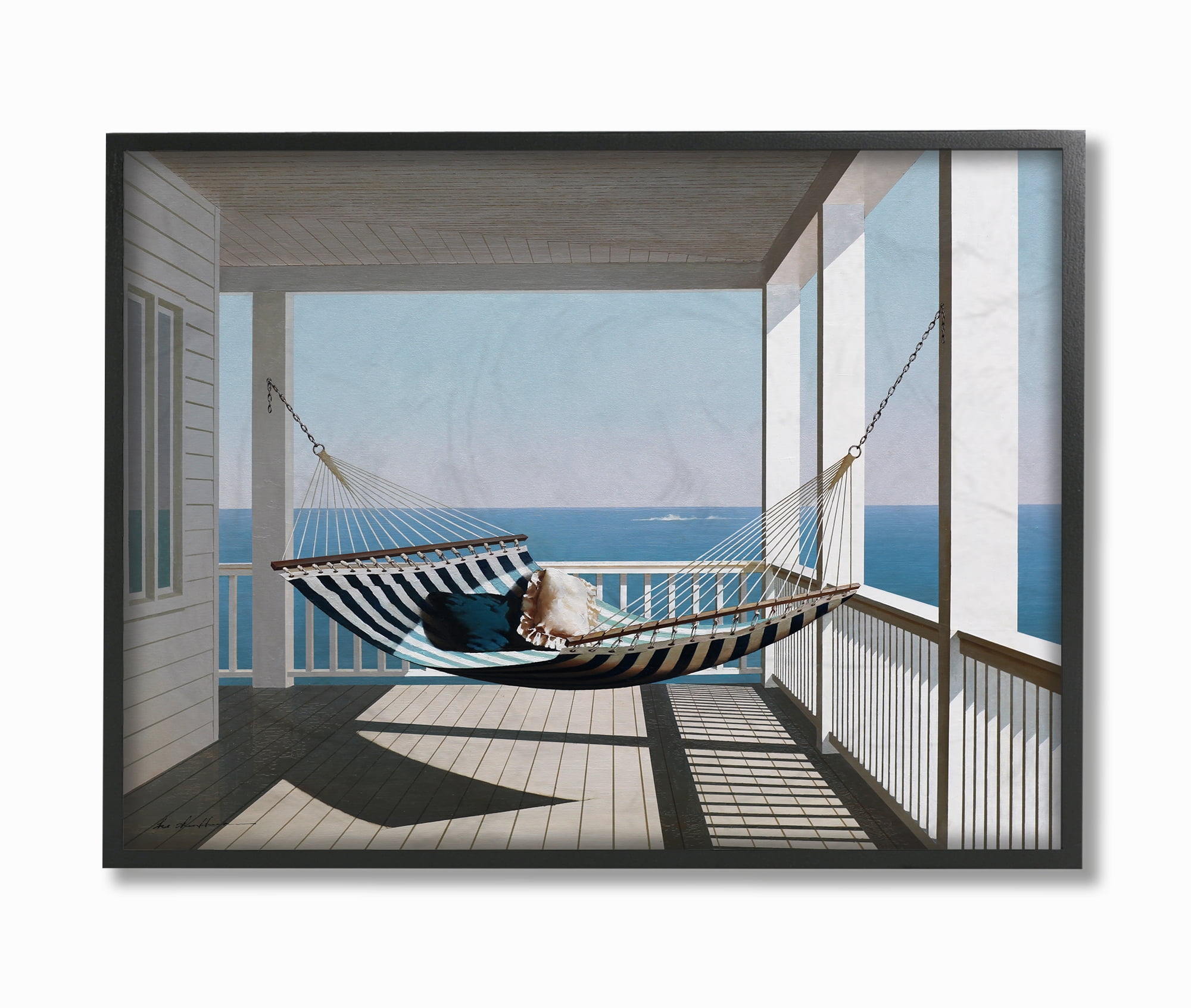 The Stupell Home Decor Blue and White Striped Hammock on the Beach House Porch Framed Texturized Art