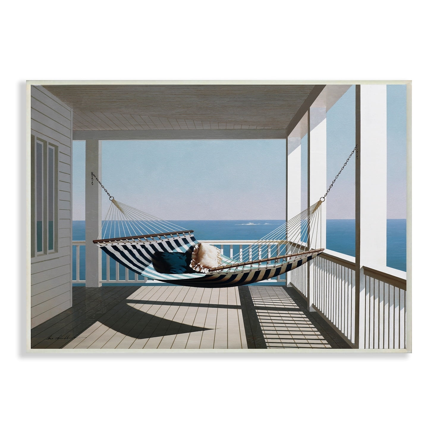 The Stupell Home Decor Blue and White Striped Hammock on the Beach House Porch Wall Plaque Art
