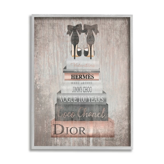 The Stupell Home Decor Book Stack Heels Metallic Pink Gray Framed Texturized Art